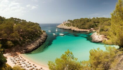 Wall Mural - font de sa cala beach in mallorca features serene turquoise waters surrounded by lush greenery