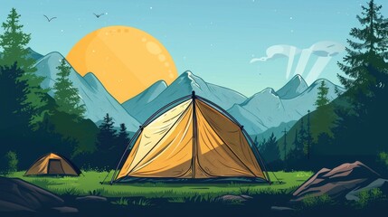 Poster - A tent situated in a field with mountains visible in the background, perfect for outdoor or nature-themed projects