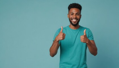 Wall Mural - A man with a beard in a teal V-neck shirt giving thumbs up with a cheerful expression, signifying positivity.