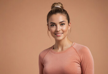 Wall Mural - An active woman with her hair tied back, wearing a salmon-colored sportswear top, ready for a fitness session with a confident look.