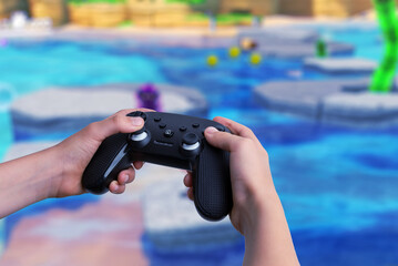 Poster - Child holding a gamepad with video gameplay on a big screen in the background. Gaming, technology, and family entertainment content