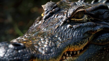 Poster - A close-up photo of an alligator's head with its mouth open, suitable for use in wildlife or nature-themed contexts
