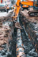Poster - A construction worker inspects and repairs a pipe on site
