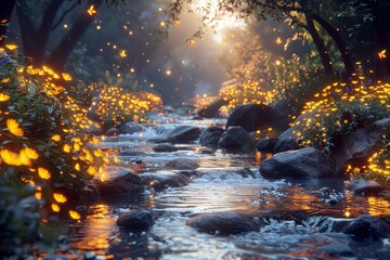 Magical forest stream with glowing flowers and fireflies