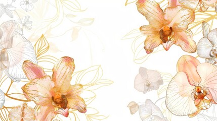 Orchids floral, luxury botanical on white background vector, empty space in the middle to leave room for text or logo, gold line wallpaper, leaves, flower, foliage, hand drawn 