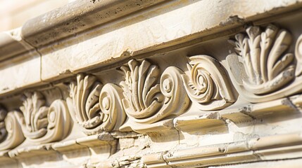 Canvas Print - Architectural detail of stone cornice close-up, intricate carvings, no people, soft morning light, historic elegance.