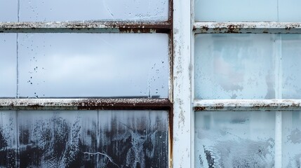 Waterfront building window close-up, macro shot of salt spray marks, no people, overcast sky, marine elements