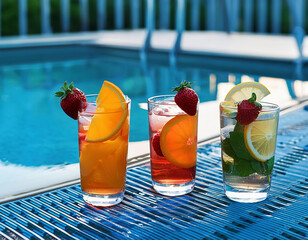 Wall Mural - Glasses of cocktail or juice, standing on the edge of a pool with clear blue water in the background. Summer party concept