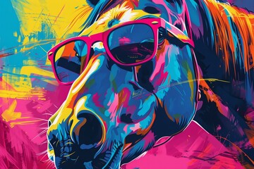 Wall Mural - Abstract colorful illustration of horse with sunglasses. AI generative art
