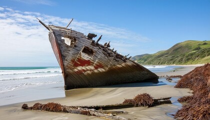 shipwrecked remains of bow of gairloch on south end oakura beach