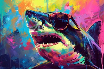 Wall Mural - Abstract colorful illustration of shark with sunglasses. AI generative art