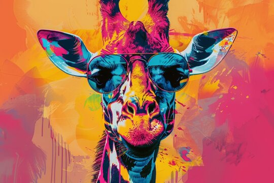Abstract colorful illustration of giraffe with sunglasses. AI generative art