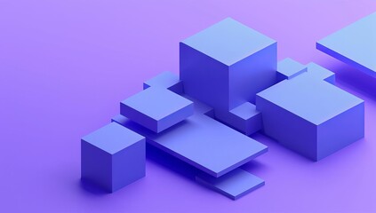 Poster - Floating Blue 3D Isometric Shapes on Purple Background
