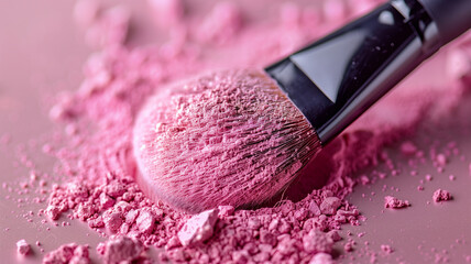 Poster - Detailed view of a pink powdered makeup brush against a light background, showing bristles and texture.