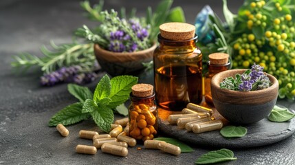 Natural remedies: herbal therapy, medicines, drugs, tincture, infusion, homeopathy for holistic health and wellness solutions in alternative medicine practices.