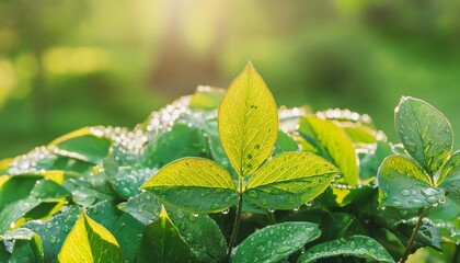 Wall Mural - peaceful nature closeup beautiful artistic green leaves with drops of water drops of dew in the morning glow in the sun beautiful leaf texture in nature natural background spring summer growth