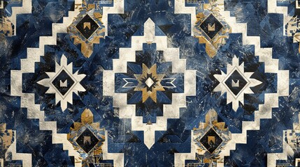 Wall Mural - A blue and white rug with a pattern of triangles and squares