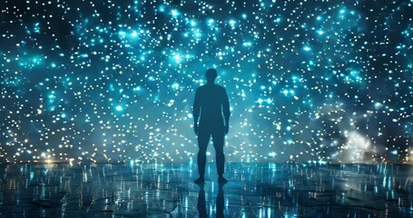 Wall Mural - Silhouette of a person with stars and constellations against a vast digital data matrix, representing personal data cosmos. Big data visualization