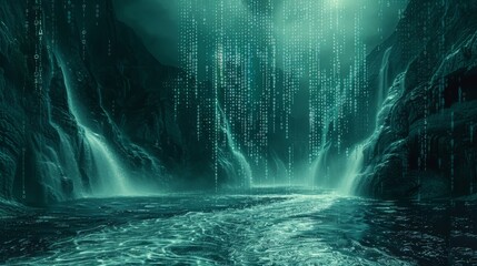 Fototapete - A beautiful, serene scene of a river with waterfalls in the background