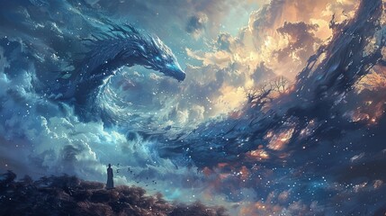 Canvas Print - a blue dragon is flying through the sky above a person