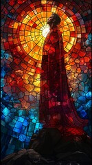 Wall Mural - A man in a red robe stands in front of a stained glass window