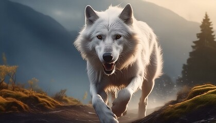 Wall Mural - A white wolf running 