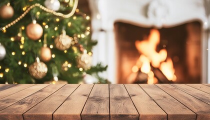 Wall Mural - wood table with blurry christmas tree and fireplace background with copy space