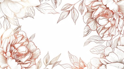 Peonies floral, luxury botanical on white background vector, empty space in the middle to leave room for text or logo, gold line wallpaper, leaves, flower, foliage, hand drawn