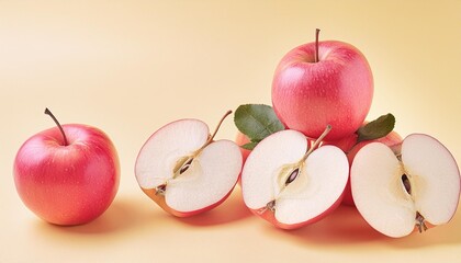 Sticker - fresh red whole and sliced apples on bold colored yellow background