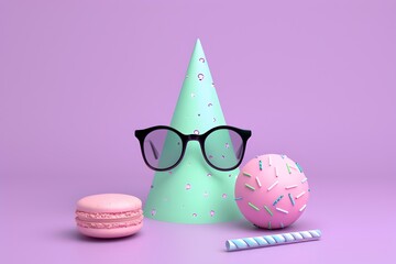 Poster - 3D isometric minimal cute party hat in the style of pastel colors, pink and green against a purple background, a pair of glasses sit atop the birthday cone hat with a macaron ball beside it in a simpl