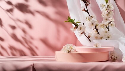 Sticker - realistic 3d render blank empty pastel pink podium with cherry blossom flower bouquet and blowing white curtain beauty products display backdrop advertising space foliage shadow sunlight