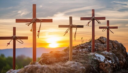 crucifixion and resurrection three crosses of golgotha by sunset easter or resurrection concept he is risen happy easter