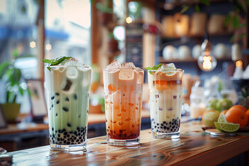 Glasses of iced bubble tea on milk bar stand.