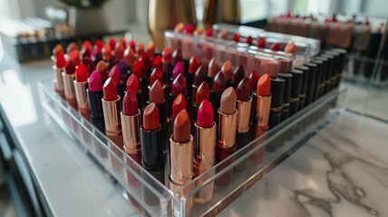 Poster - Various colorful lipsticks are neatly grouped together on a wooden table.