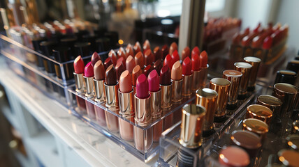 Poster - Numerous lipsticks arranged on a shelf, showcasing a variety of colors and brands in a cosmetic store.