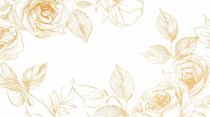 Rose floral, luxury botanical on white background vector, empty space in the middle to leave room for text or logo, gold line wallpaper, leaves, flower, foliage, hand drawn