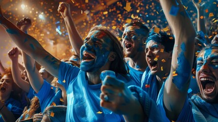 Sports stadium event: Fans cheer for the blue soccer team, celebrate goal and championship victory. Friends with painted faces have emotional fun.