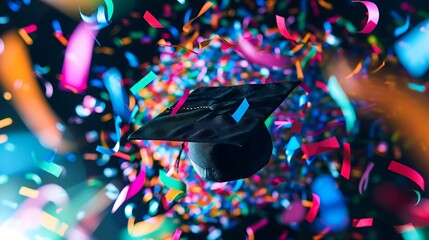 Wall Mural - Confetti forms a swirling vortex around a stationary graduation cap, symbolizing celebration and the joy of academic achievement.
