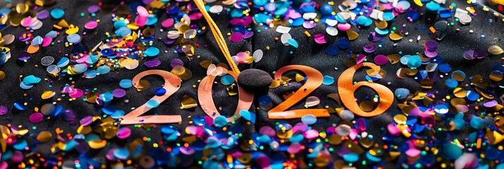 Wall Mural - Confetti shaped into the year 2026 surrounding a graduation cap, symbolizing a specific graduation year and celebration.
