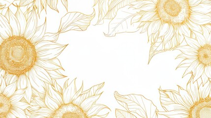 Sunflowers floral, luxury botanical on white background vector, empty space in the middle to leave room for text or logo, gold line wallpaper, leaves, flower, foliage, hand drawn