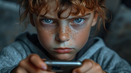 Wall Mural - An enraged child fiercely plays a game on their smartphone