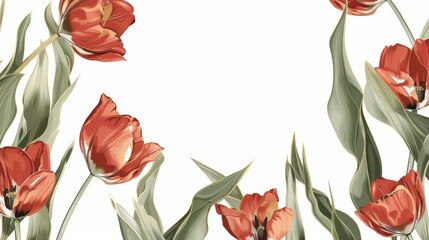 Tulips floral, luxury botanical on white background vector, empty space in the middle to leave room for text or logo, gold line wallpaper, leaves, flower, foliage, hand drawn