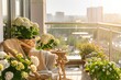 © ERiK - Beautiful balcony or terrace with chairs, natural material decorations and green potted flowers plants. Sunny stylish balcony home terrace with city background