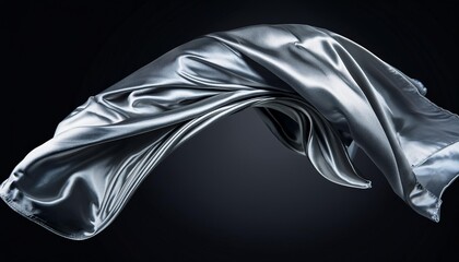 Wall Mural - silver drape fabric flying in curve shape piece of textile silver drape fabric throw fall in air black background isolated motion blur