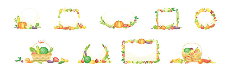 Wall Mural - Bright Fruit and Vegetable Frame with Ripe and Fresh Agricultural Cultivar Vector Set