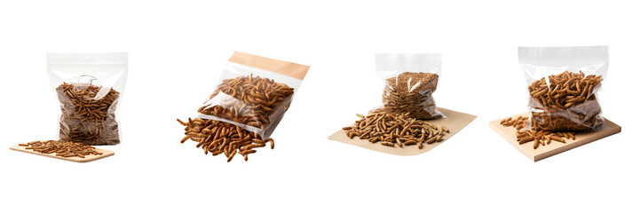 Wall Mural - Set of A sleek, modern bag of mealworm-based protein for pet food, perfectly centered against ,on a transparent background