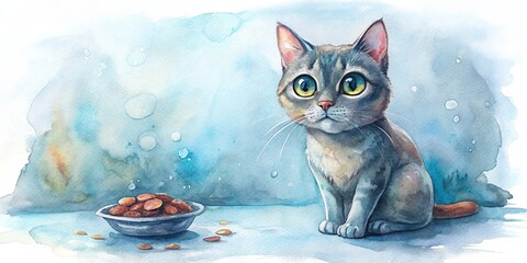 Funny cat with big eyes watching dry cat food floating on white background, watercolor , cat, funny, big eyes, dry food, healthy, flying, white background, watercolor, pet, adorable, cute