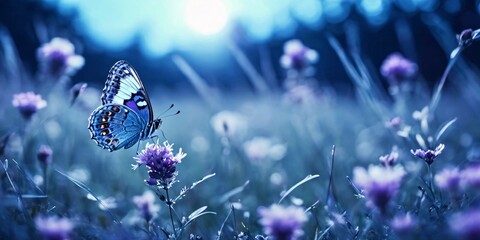 Wall Mural - Butterfly in the grass on a meadow at night in the shining moonlight, blue and purple tones, macro, copy space.