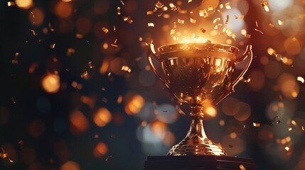A gleaming golden trophy cup illuminated by celebratory bokeh and floating confetti, symbolizing victory and achievement.