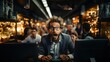 © AS Photo Family - A surprised man with expressive eyes working late on his laptop in a bustling bar